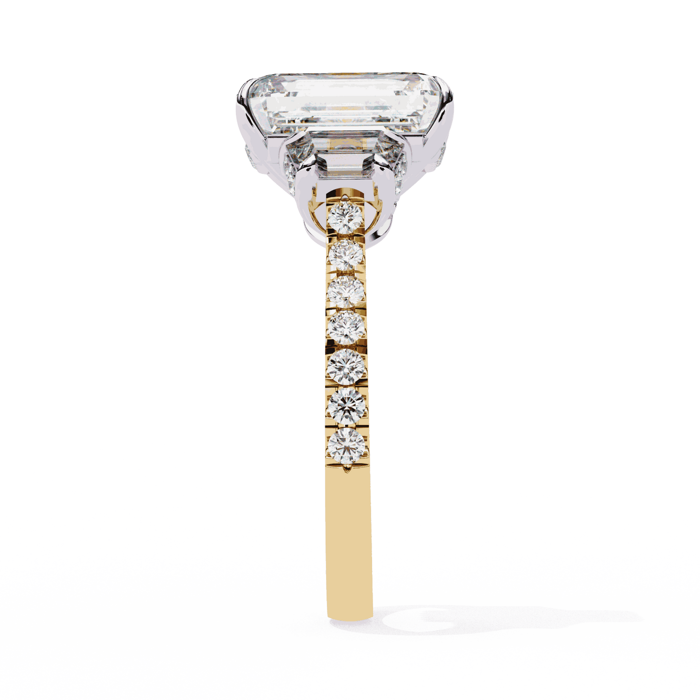 Emerald Cut Lab Grown Diamond Three Stone Engagement Ring with Emerald Sides and Pavé Band