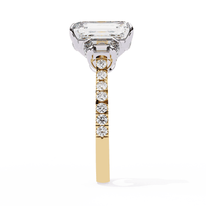 Emerald Cut Lab Grown Diamond Three Stone Engagement Ring with Emerald Sides and Pavé Band