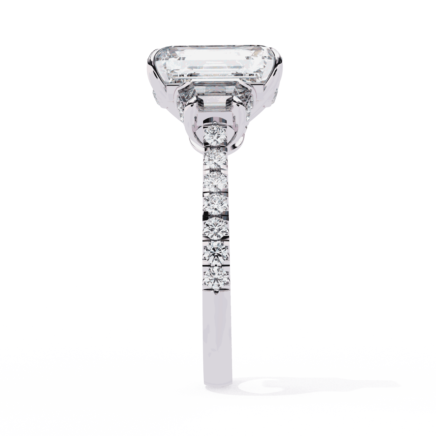 Emerald Cut Lab Grown Diamond Three Stone Engagement Ring with Emerald Sides and Pavé Band