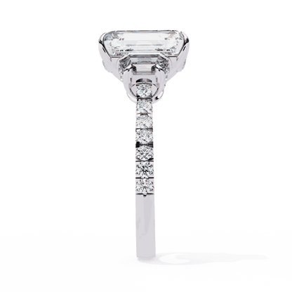 Emerald Cut Lab Grown Diamond Three Stone Engagement Ring with Emerald Sides and Pavé Band