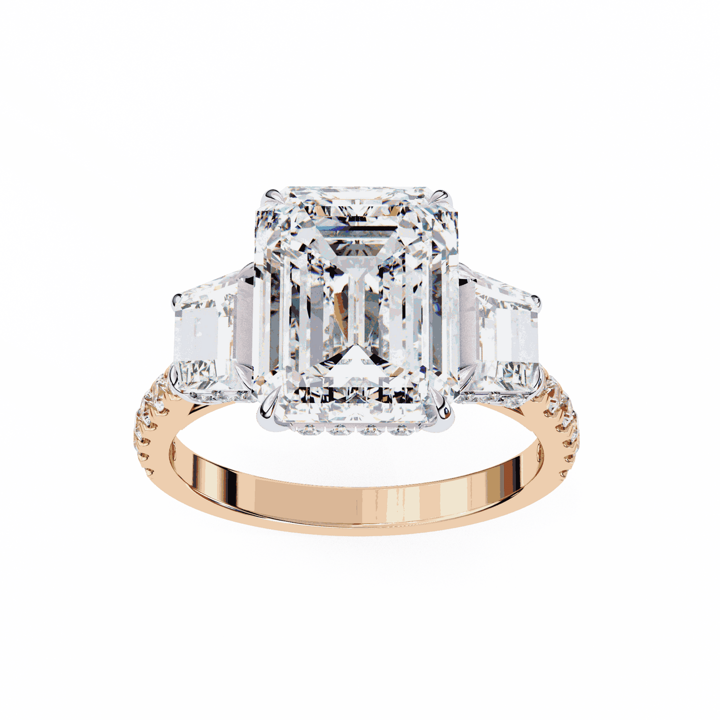 Emerald Cut Lab Grown Diamond Three Stone Engagement Ring with Emerald Sides and Pavé Band