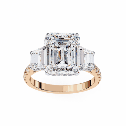 Emerald Cut Lab Grown Diamond Three Stone Engagement Ring with Emerald Sides and Pavé Band