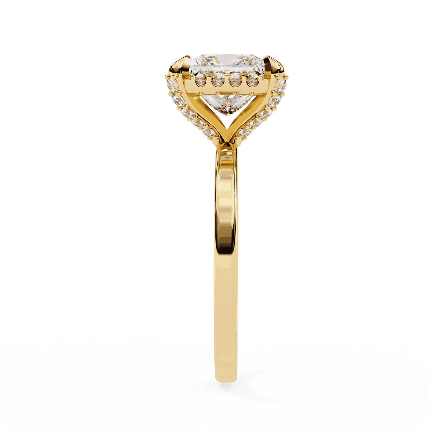 Princess Cut Lab Grown Diamond Pave Engagement Ring with Hidden Halo and Plain Polished Band