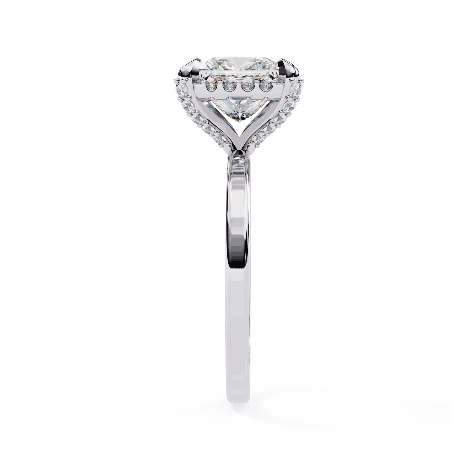 Princess Cut Lab Grown Diamond Pave Engagement Ring with Hidden Halo and Plain Polished Band