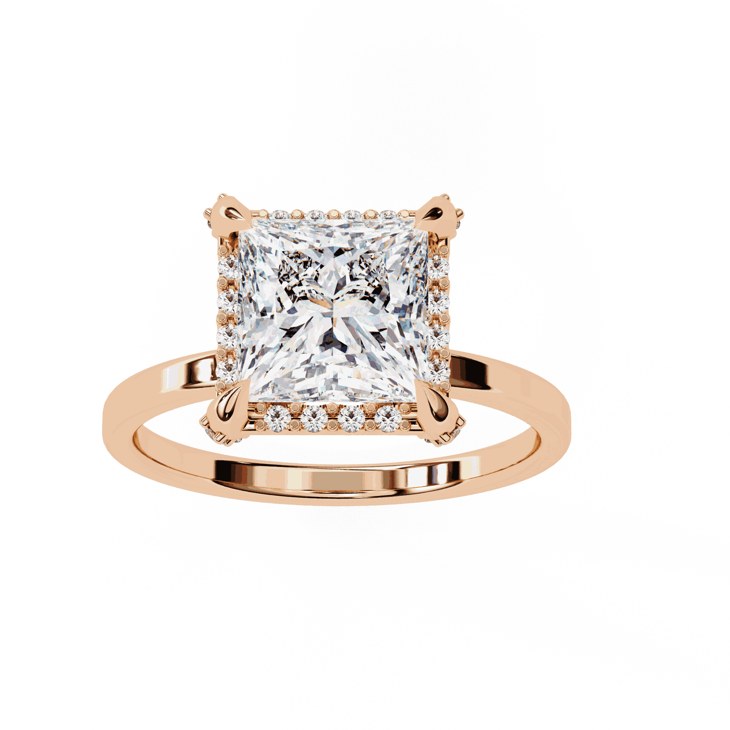 Princess Cut Lab Grown Diamond Pave Engagement Ring with Hidden Halo and Plain Polished Band