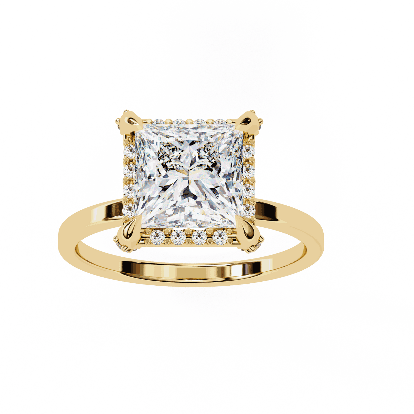 Princess Cut Lab Grown Diamond Pave Engagement Ring with Hidden Halo and Plain Polished Band