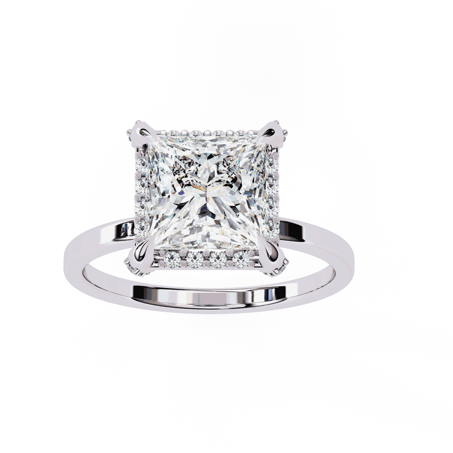 Princess Cut Lab Grown Diamond Pave Engagement Ring with Hidden Halo and Plain Polished Band