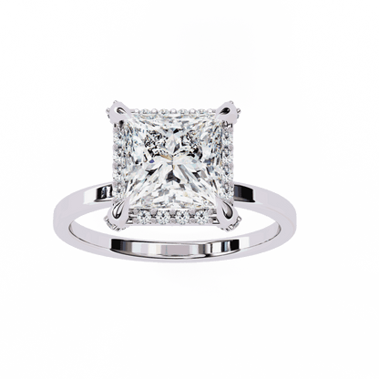Princess Cut Lab Grown Diamond Pave Engagement Ring with Hidden Halo and Plain Polished Band