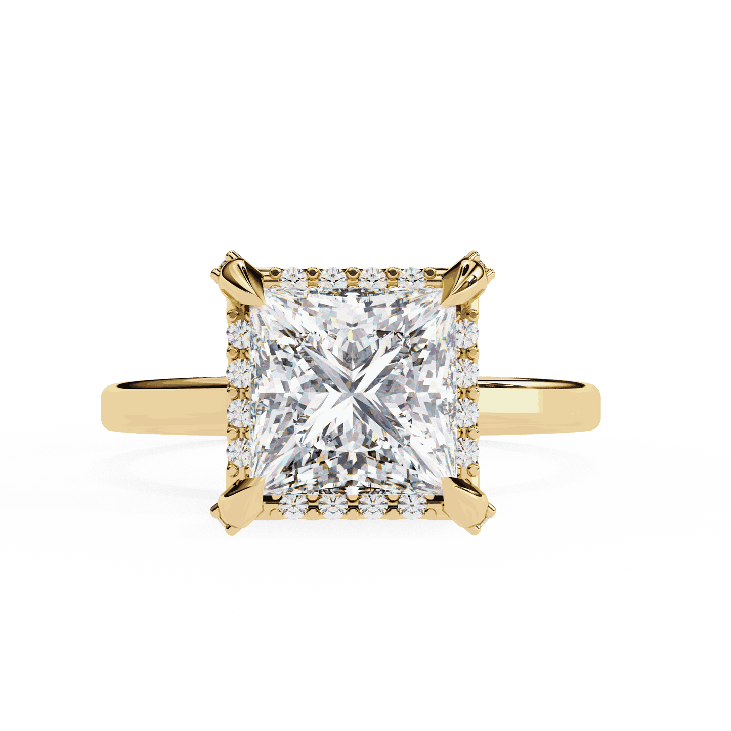 Princess Cut Lab Grown Diamond Pave Engagement Ring with Hidden Halo and Plain Polished Band