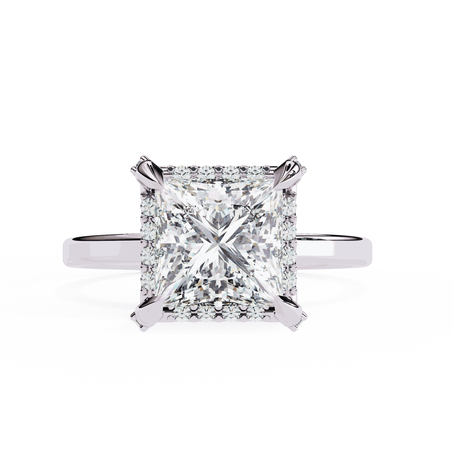 Princess Cut Lab Grown Diamond Pave Engagement Ring with Hidden Halo and Plain Polished Band