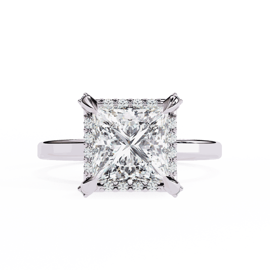 Princess Cut Lab Grown Diamond Pave Engagement Ring with Hidden Halo and Plain Polished Band
