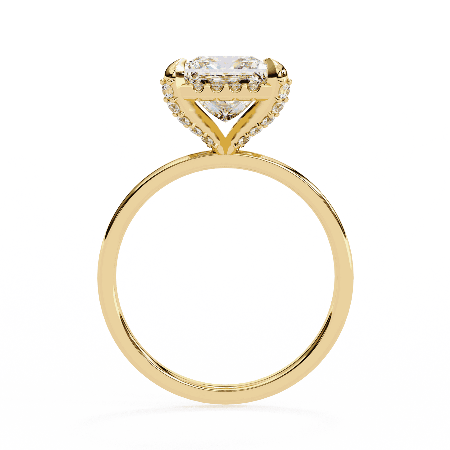 Princess Cut Lab Grown Diamond Pave Engagement Ring with Hidden Halo and Plain Polished Band