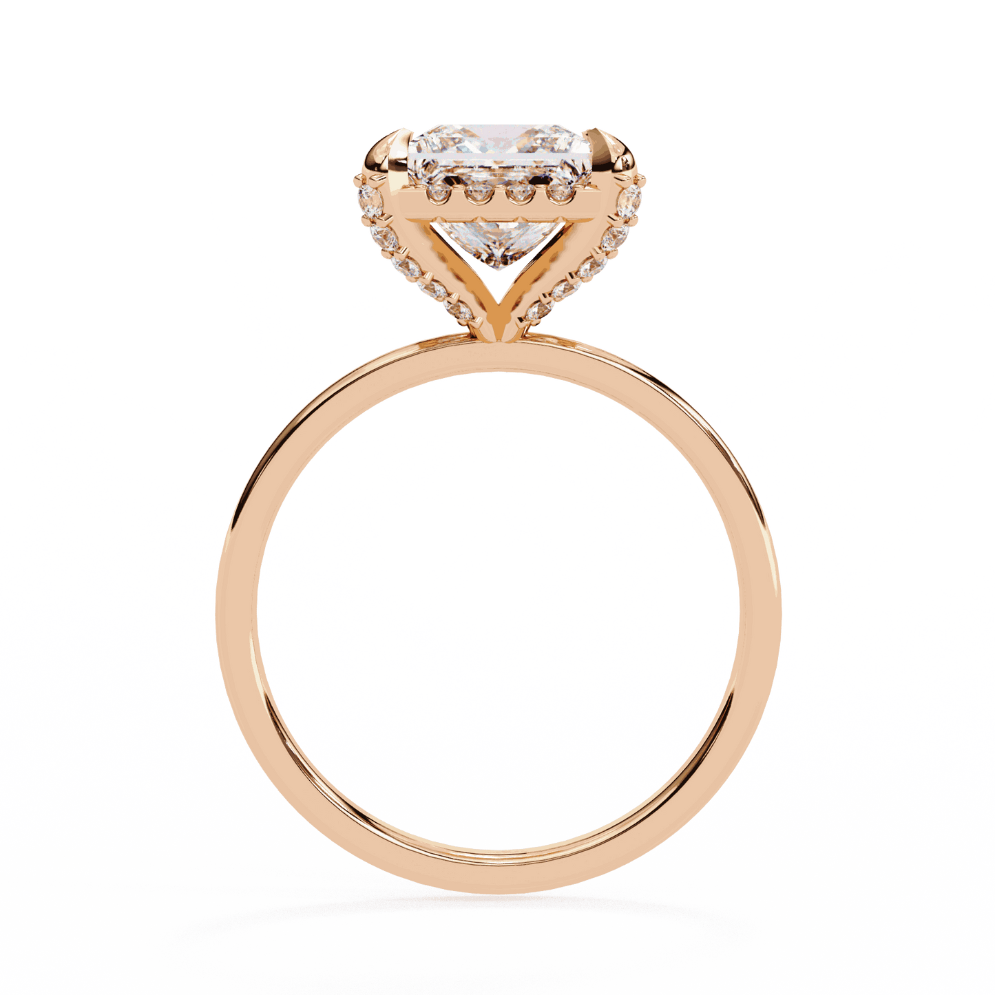 Princess Cut Lab Grown Diamond Pave Engagement Ring with Hidden Halo and Plain Polished Band