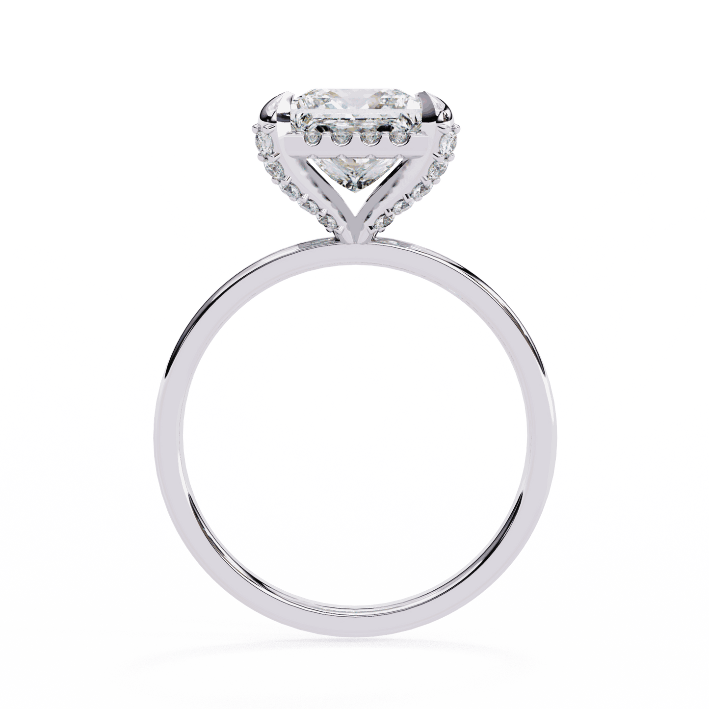 Princess Cut Lab Grown Diamond Pave Engagement Ring with Hidden Halo and Plain Polished Band