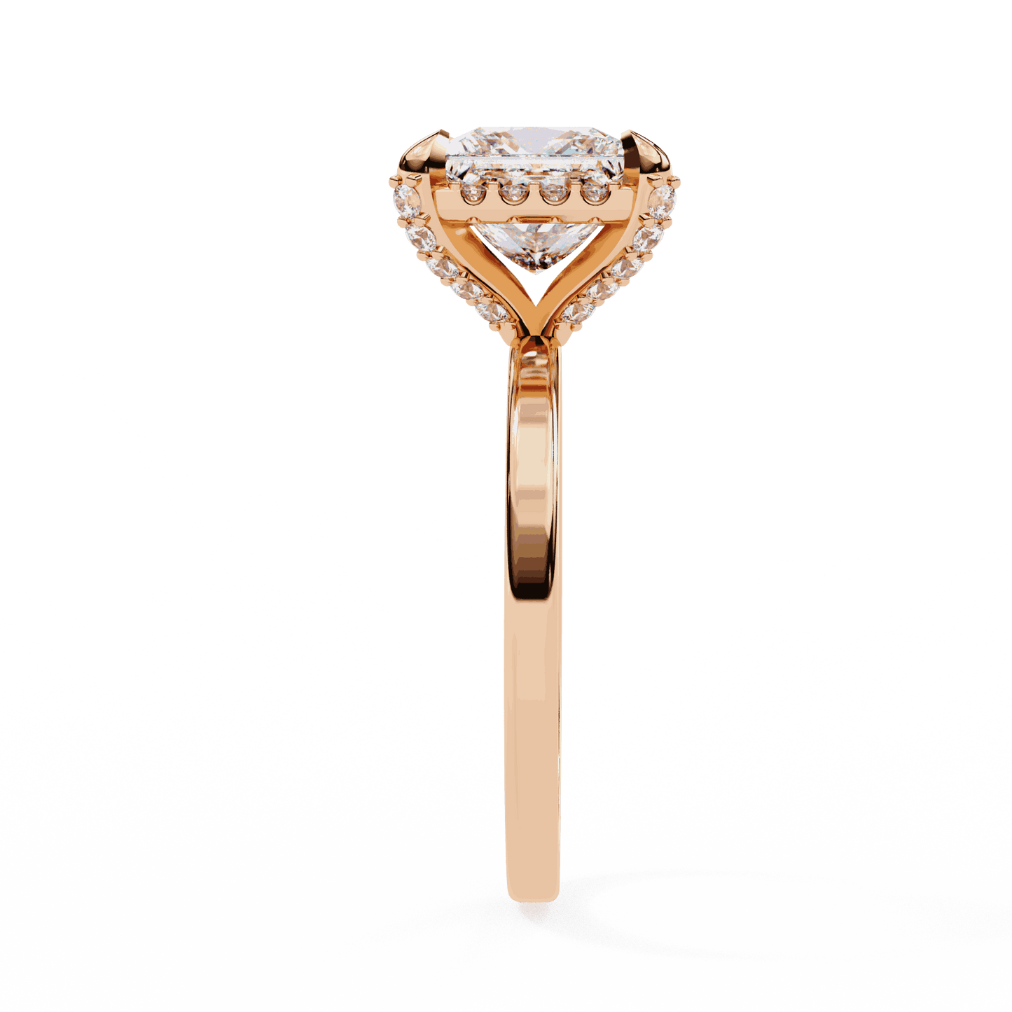 Princess Cut Lab Grown Diamond Pave Engagement Ring with Hidden Halo and Plain Polished Band