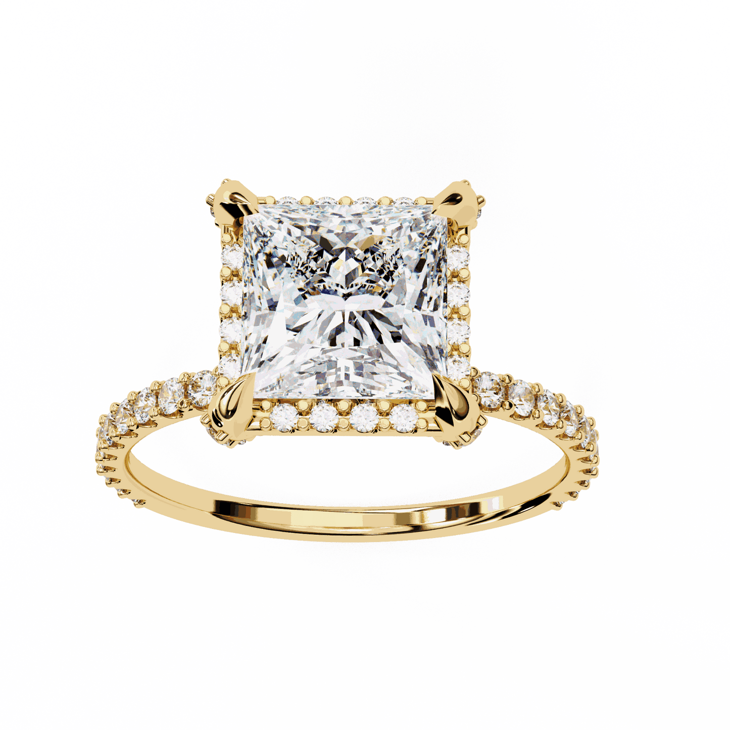 Princess Cut Lab Grown Diamond Pave Engagement Ring with Hidden Halo and Pave Band