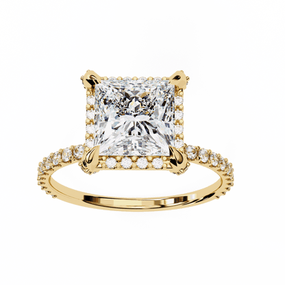 Princess Cut Lab Grown Diamond Pave Engagement Ring with Hidden Halo and Pave Band