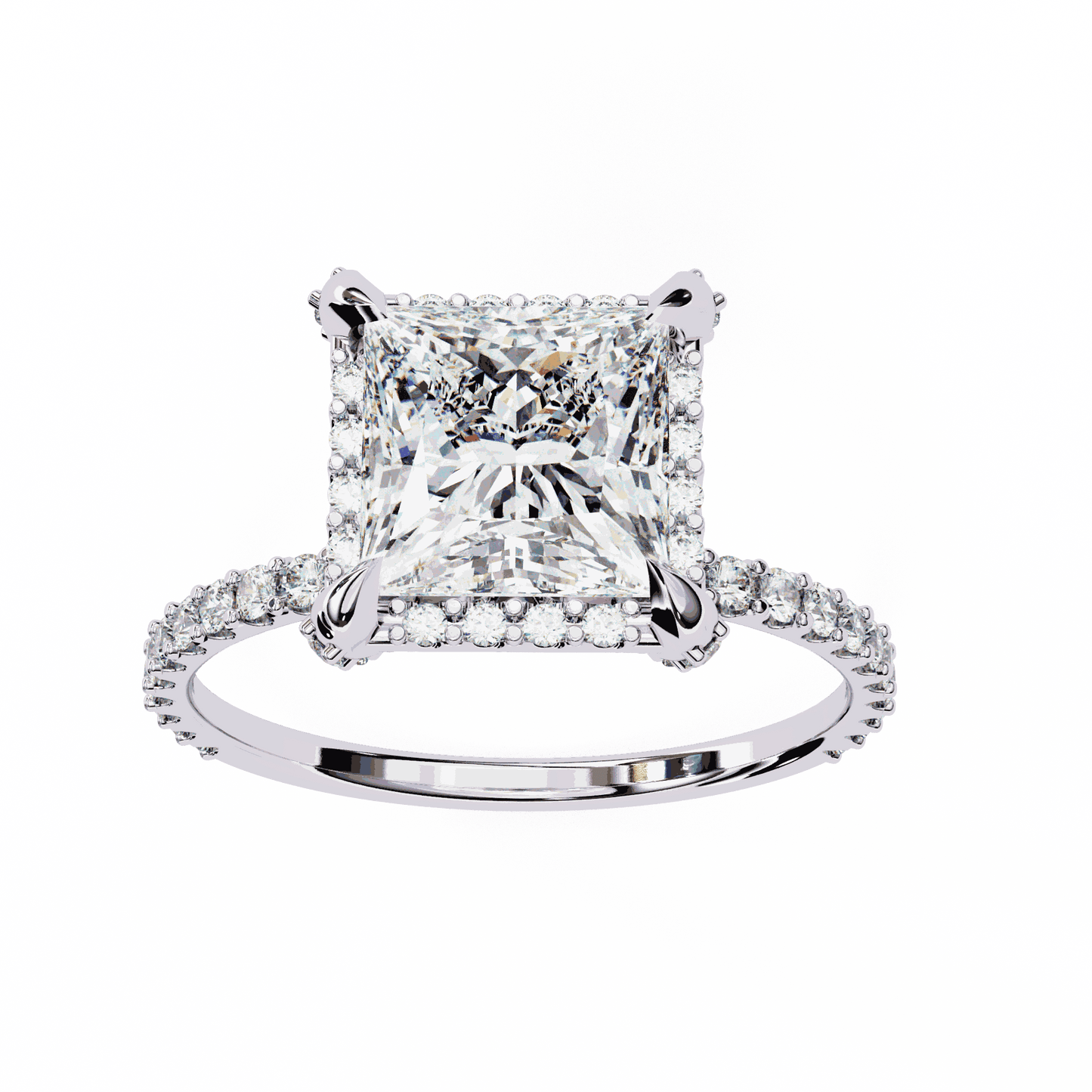 Princess Cut Lab Grown Diamond Pave Engagement Ring with Hidden Halo and Pave Band
