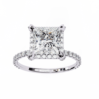 Princess Cut Lab Grown Diamond Pave Engagement Ring with Hidden Halo and Pave Band