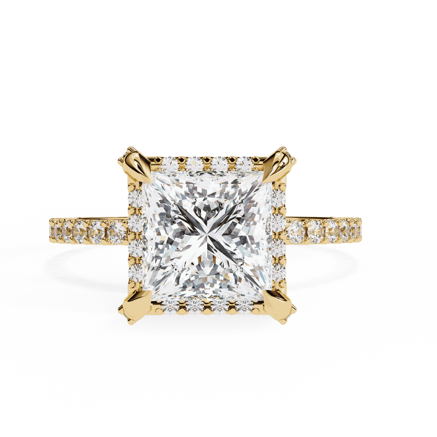 Princess Cut Lab Grown Diamond Pave Engagement Ring with Hidden Halo and Pave Band
