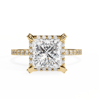 Princess Cut Lab Grown Diamond Pave Engagement Ring with Hidden Halo and Pave Band