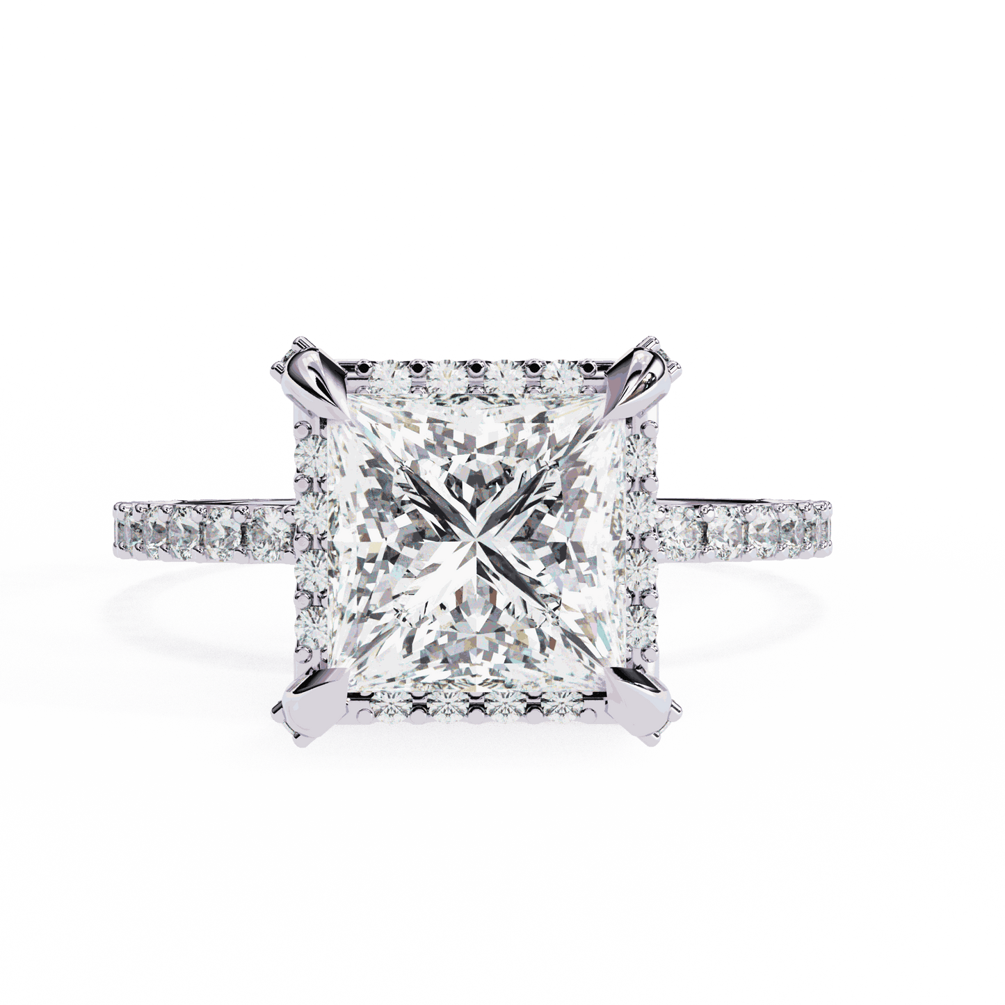 Princess Cut Lab Grown Diamond Pave Engagement Ring with Hidden Halo and Pave Band