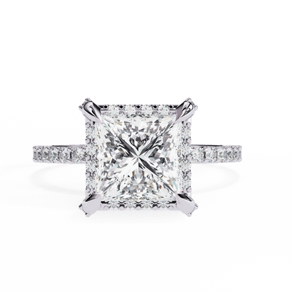 Princess Cut Lab Grown Diamond Pave Engagement Ring with Hidden Halo and Pave Band
