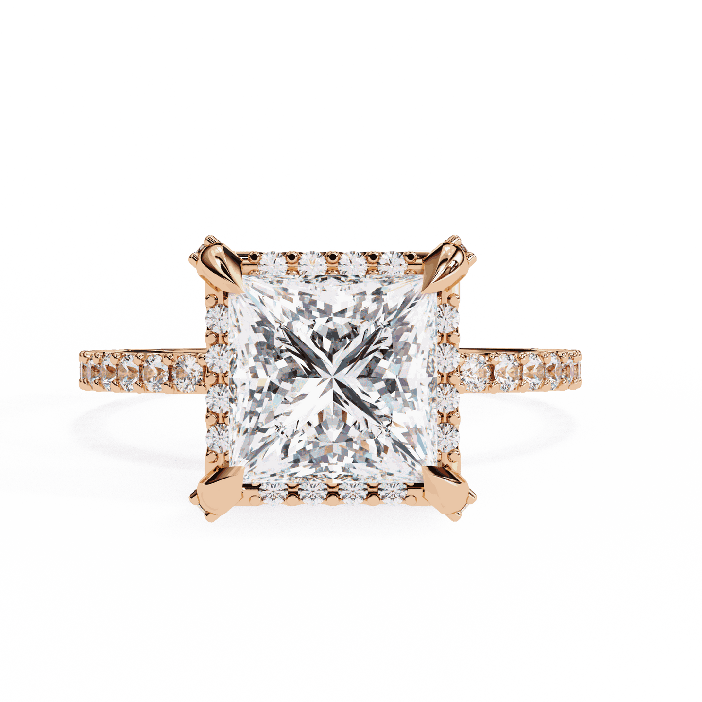 Princess Cut Lab Grown Diamond Pave Engagement Ring with Hidden Halo and Pave Band