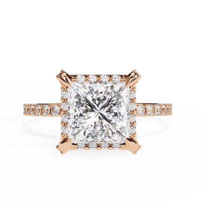 Princess Cut Lab Grown Diamond Pave Engagement Ring with Hidden Halo and Pave Band