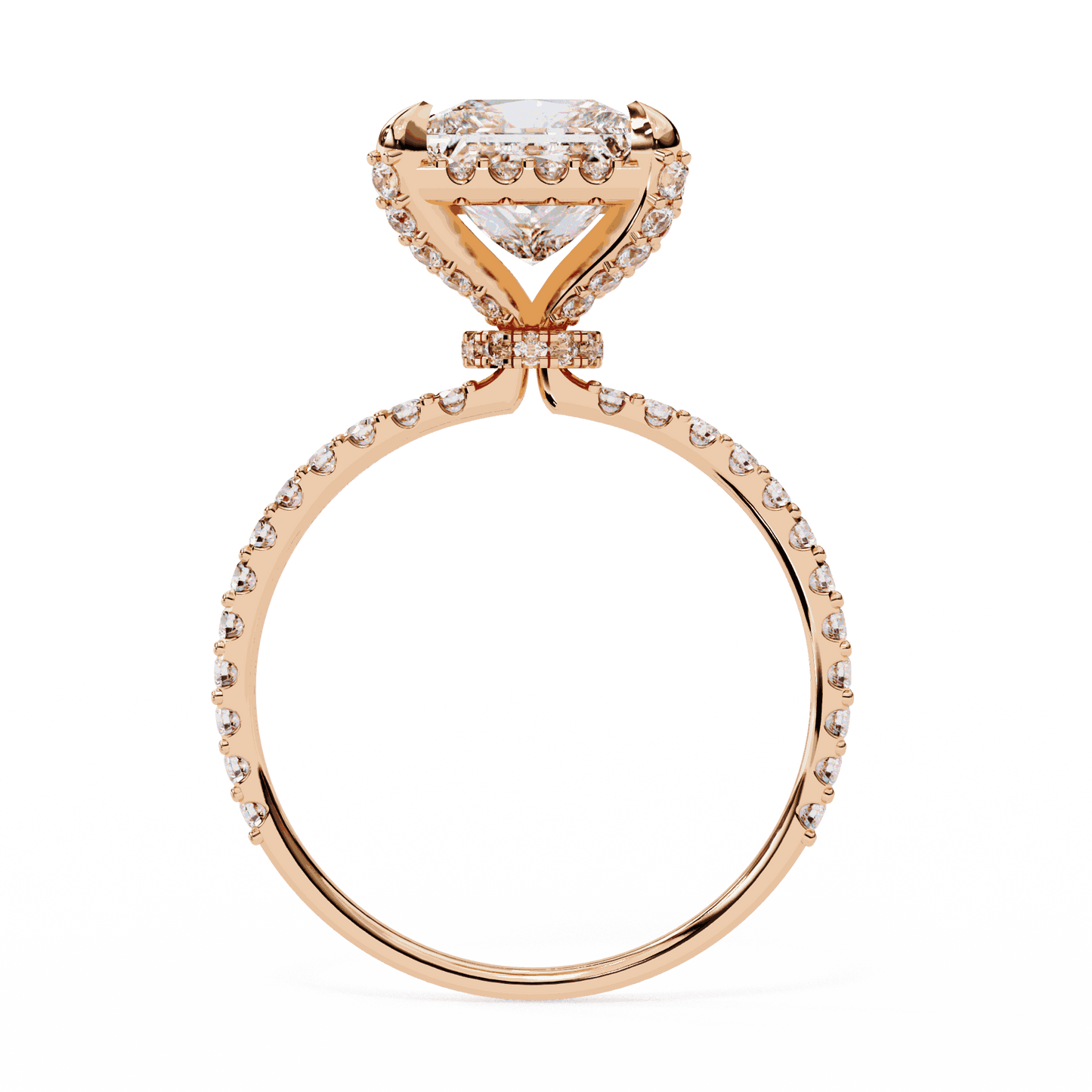 Princess Cut Lab Grown Diamond Pave Engagement Ring with Hidden Halo and Pave Band