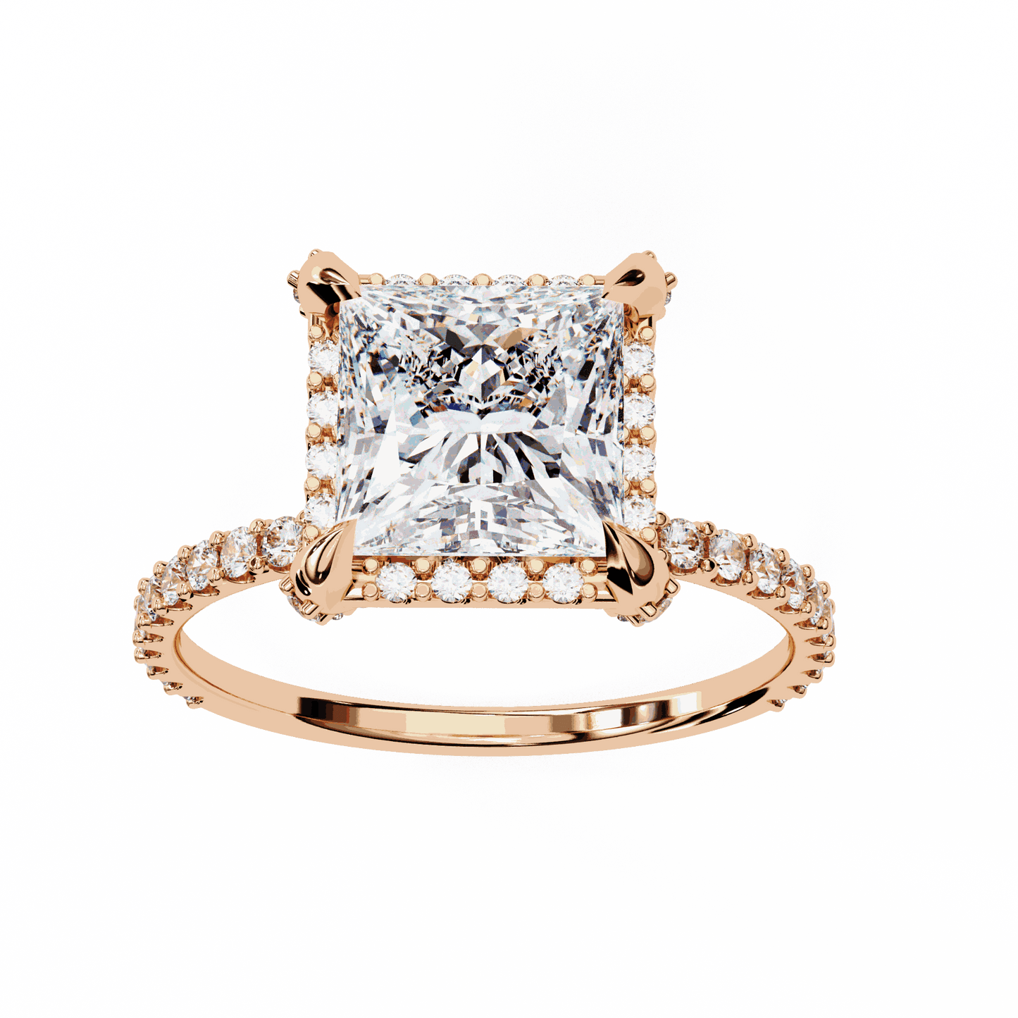 Princess Cut Lab Grown Diamond Pave Engagement Ring with Hidden Halo and Pave Band