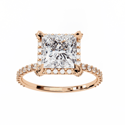 Princess Cut Lab Grown Diamond Pave Engagement Ring with Hidden Halo and Pave Band