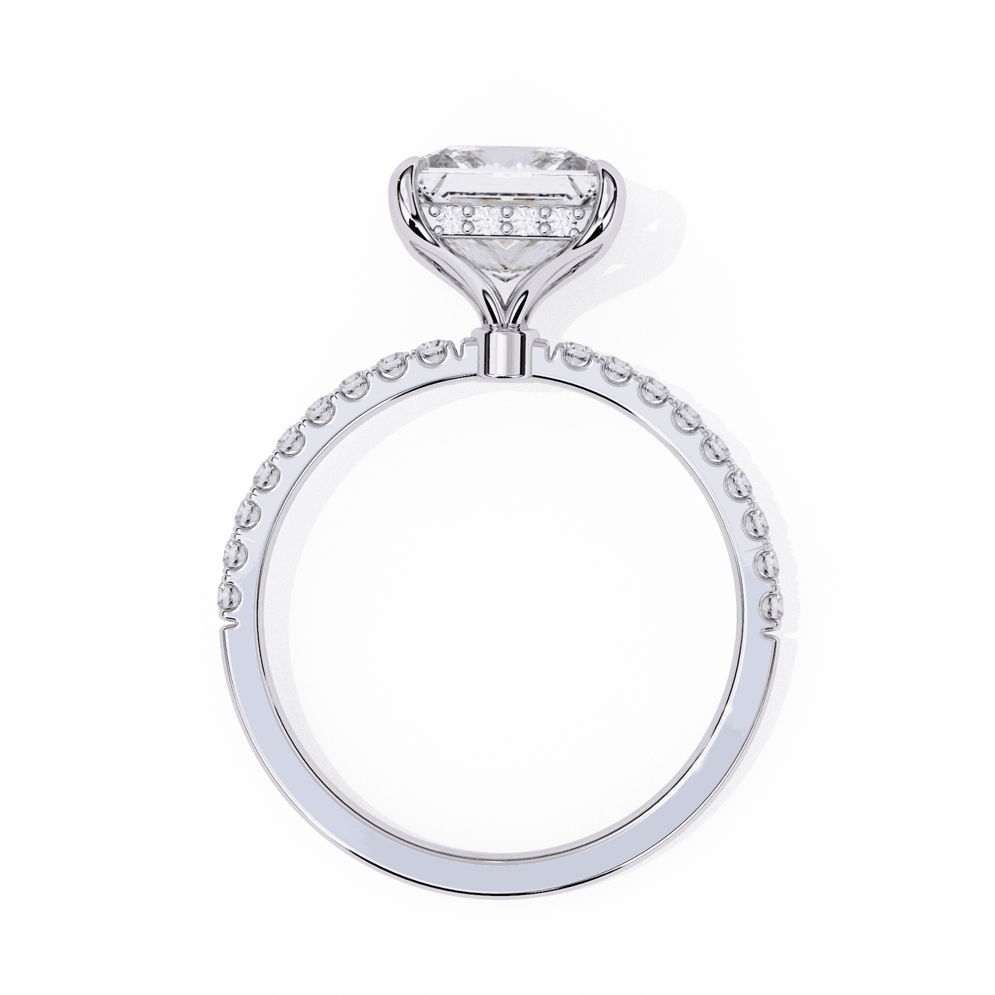 Princess Cut Lab Grown Diamond Pave Engagement Ring with Hidden Halo and French Pave Shank