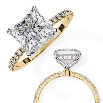 Princess Cut Lab Grown Diamond Pave Engagement Ring with Hidden Halo and French Pave Shank