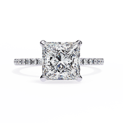 Princess Cut Lab Grown Diamond Pave Engagement Ring with Hidden Halo and French Pave Shank