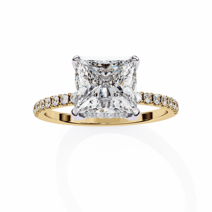 Princess Cut Lab Grown Diamond Pave Engagement Ring with Hidden Halo and French Pave Shank