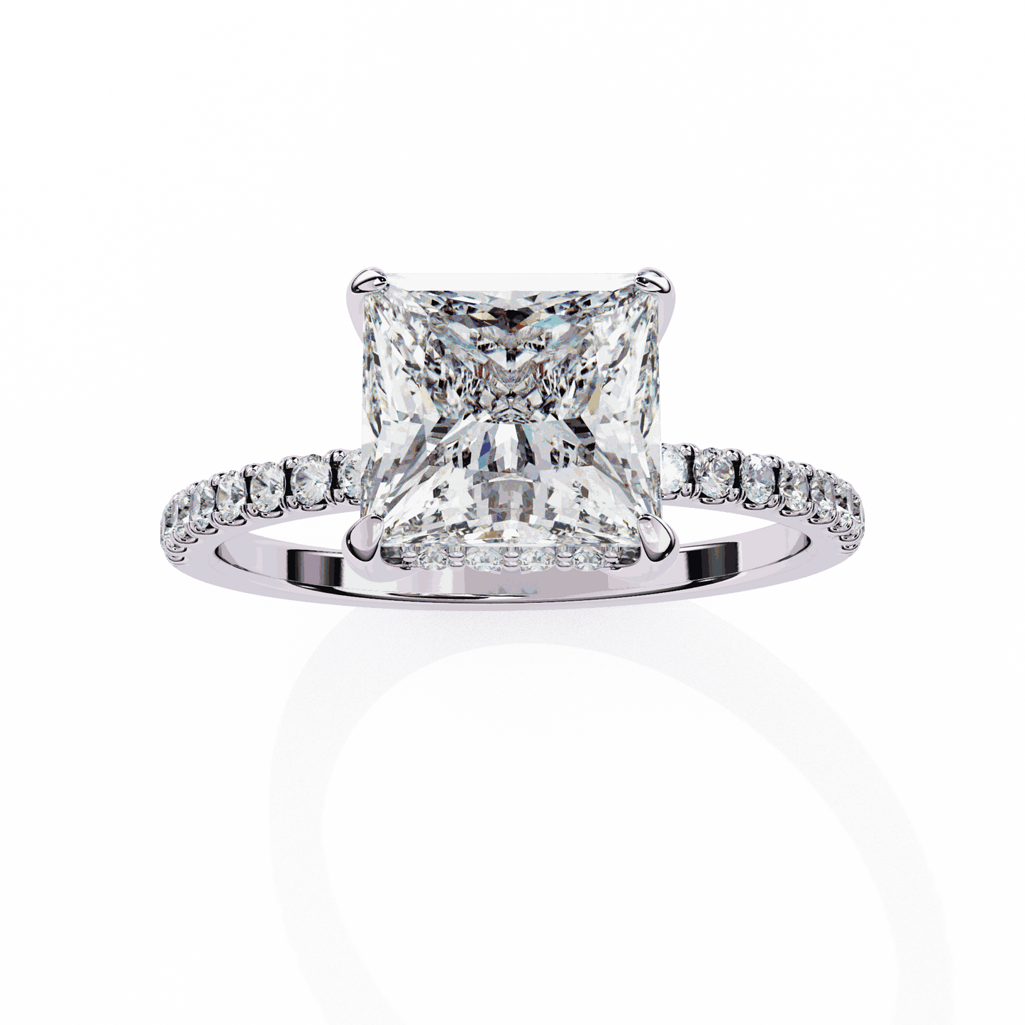 Princess Cut Lab Grown Diamond Pave Engagement Ring with Hidden Halo and French Pave Shank