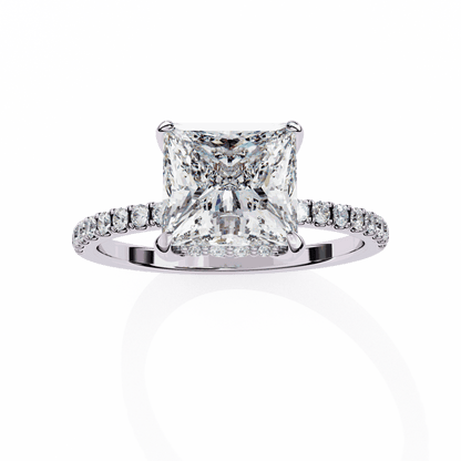 Princess Cut Lab Grown Diamond Pave Engagement Ring with Hidden Halo and French Pave Shank