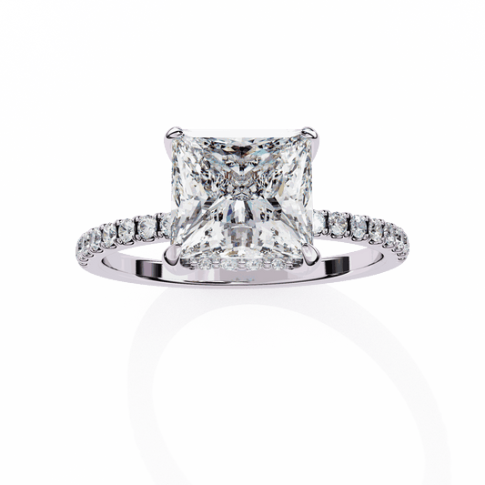 Princess Cut Lab Grown Diamond Pave Engagement Ring with Hidden Halo and French Pave Shank