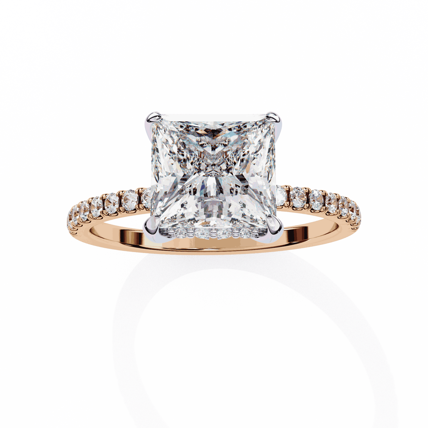 Princess Cut Lab Grown Diamond Pave Engagement Ring with Hidden Halo and French Pave Shank