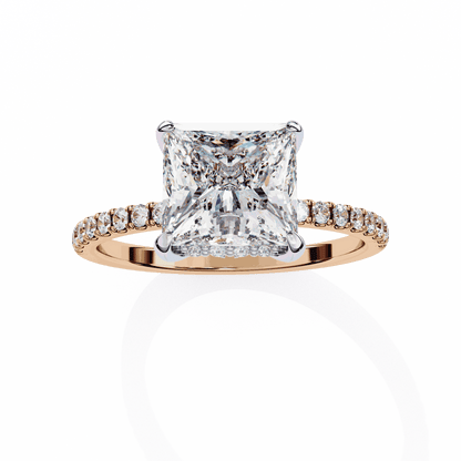 Princess Cut Lab Grown Diamond Pave Engagement Ring with Hidden Halo and French Pave Shank
