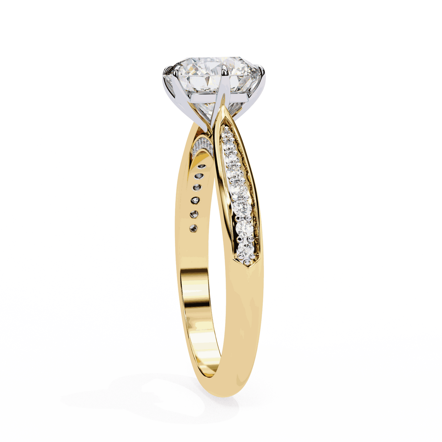 Round Cut Lab Grown Diamond Pave Engagement Ring with Tapered Bead Set Shoulders