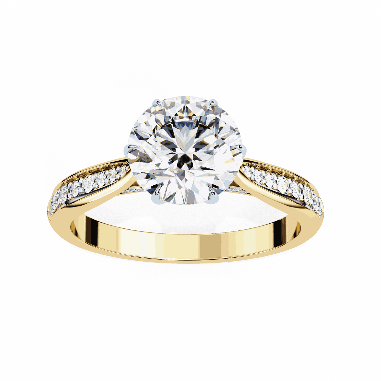 Round Cut Lab Grown Diamond Pave Engagement Ring with Tapered Bead Set Shoulders