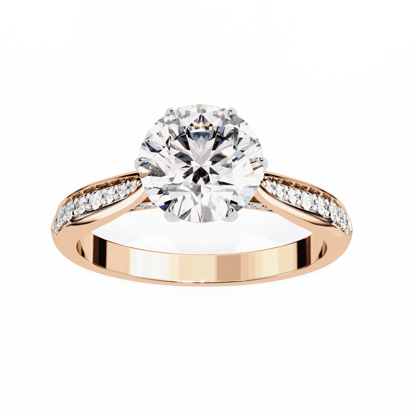 Round Cut Lab Grown Diamond Pave Engagement Ring with Tapered Bead Set Shoulders