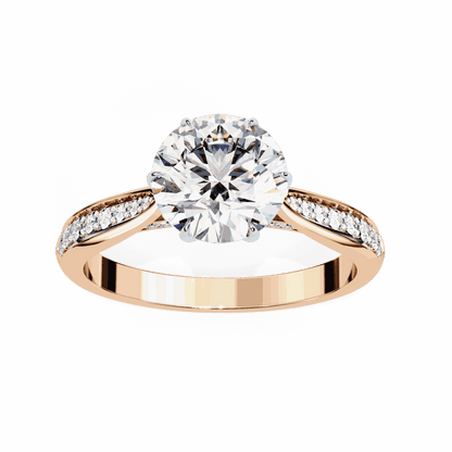 Round Cut Lab Grown Diamond Pave Engagement Ring with Tapered Bead Set Shoulders
