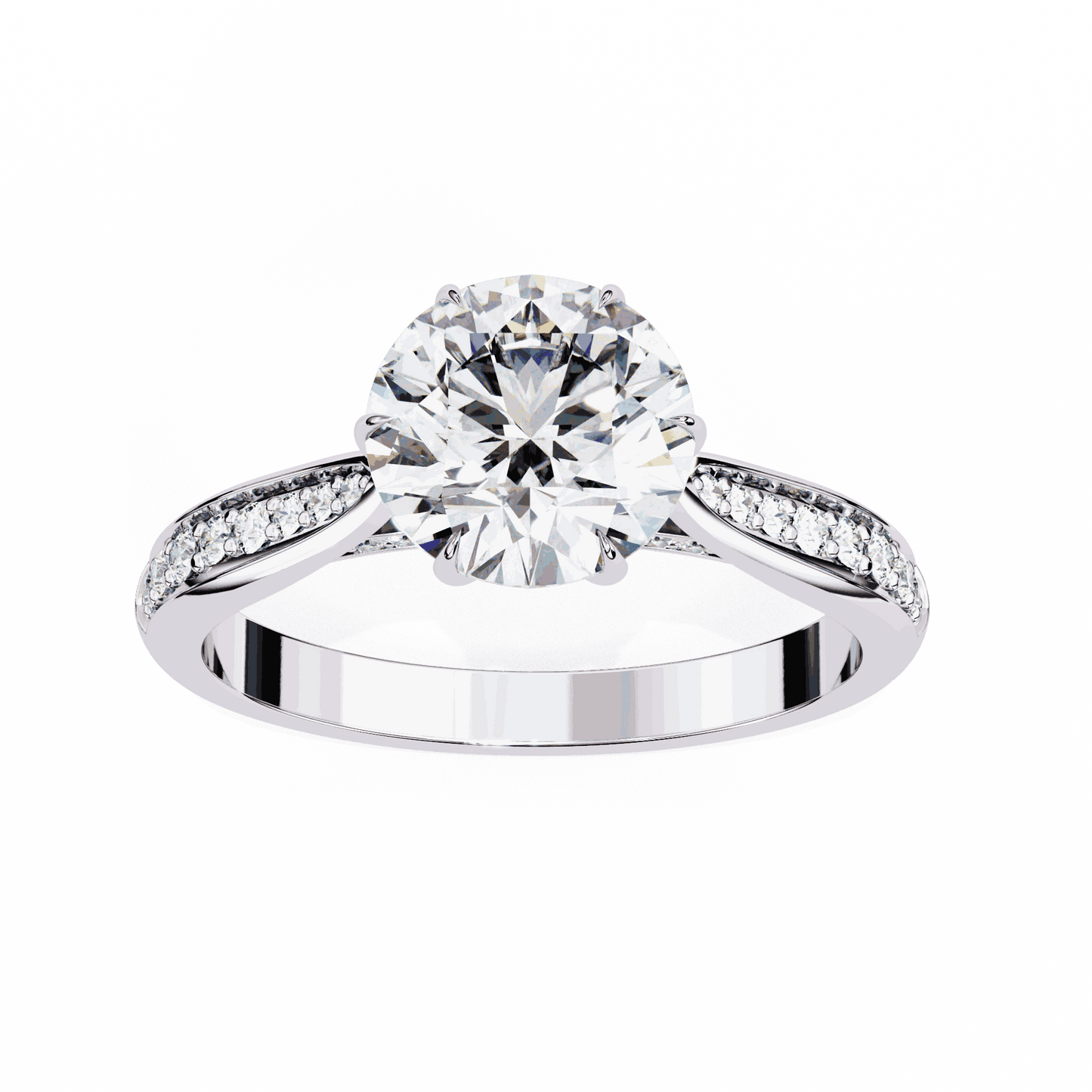 Round Cut Lab Grown Diamond Pave Engagement Ring with Tapered Bead Set Shoulders