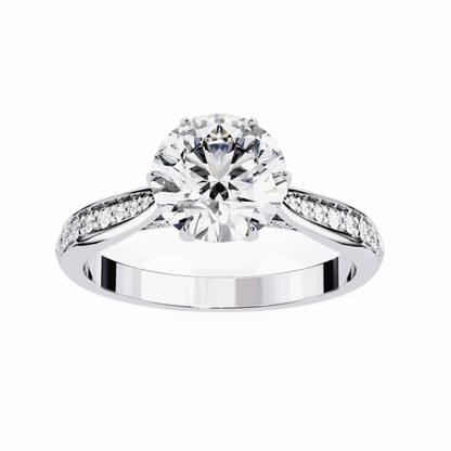 Round Cut Lab Grown Diamond Pave Engagement Ring with Tapered Bead Set Shoulders