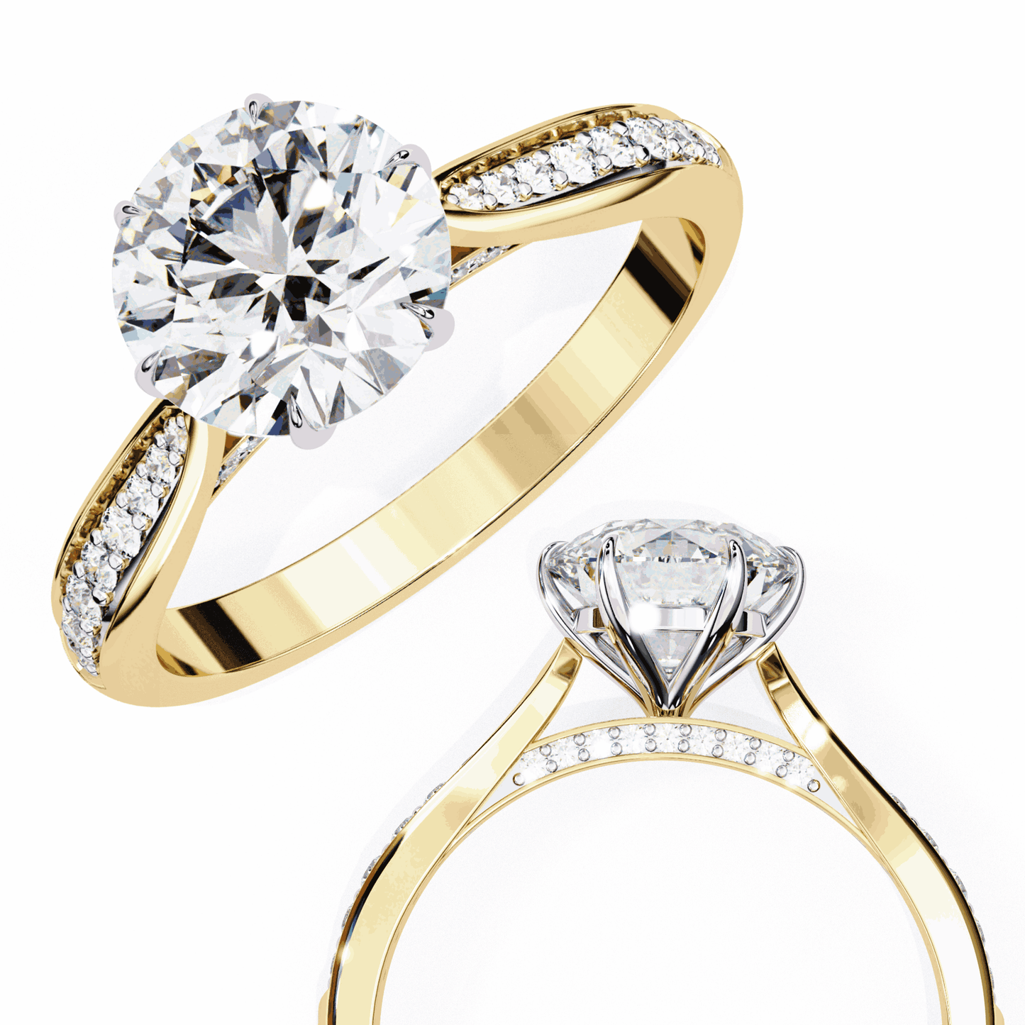Round Cut Lab Grown Diamond Pave Engagement Ring with Tapered Bead Set Shoulders