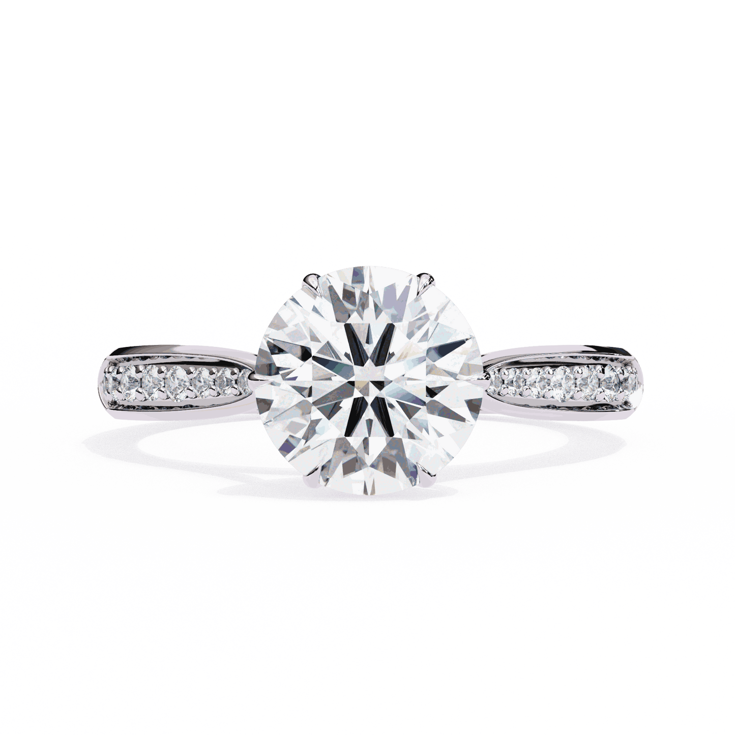 Round Cut Lab Grown Diamond Pave Engagement Ring with Tapered Bead Set Shoulders