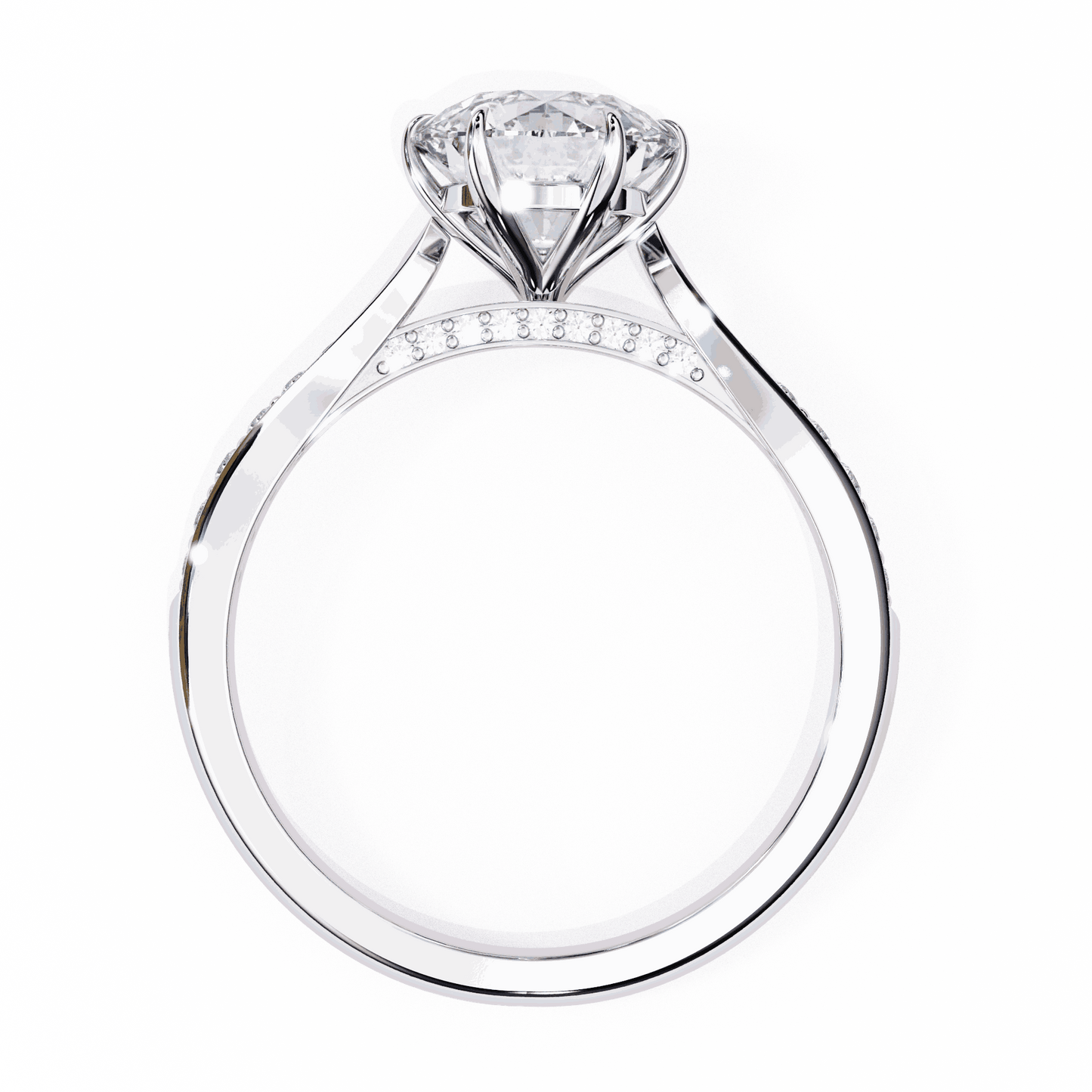 Round Cut Lab Grown Diamond Pave Engagement Ring with Tapered Bead Set Shoulders